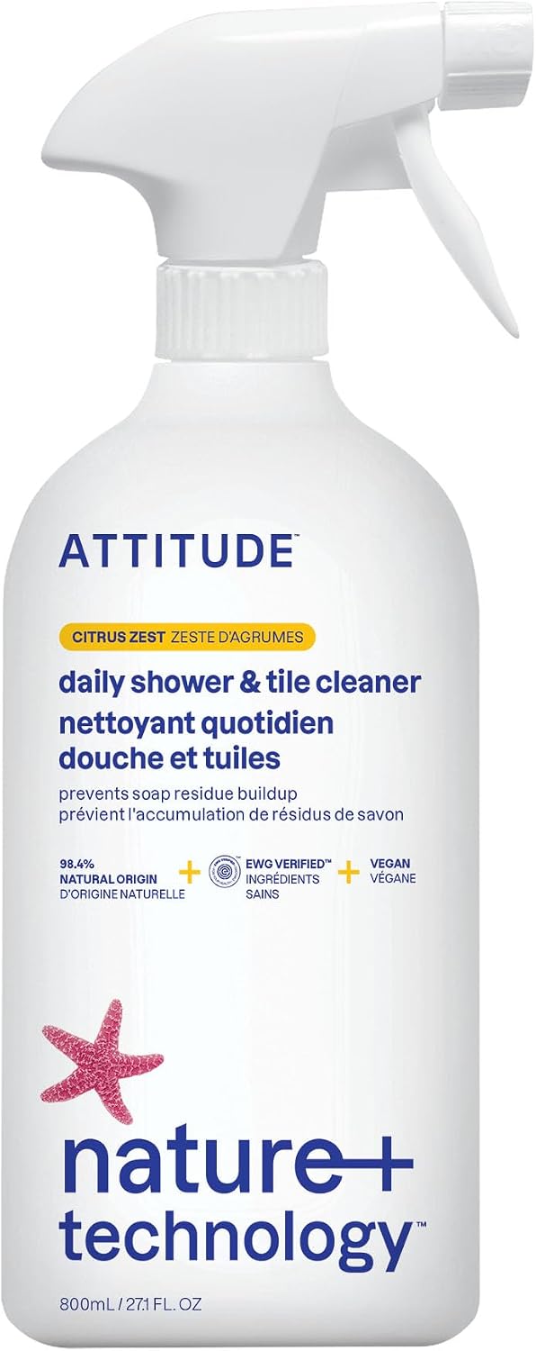 ATTITUDE Shower & Tile Cleaner Spray, EWG Verified, Bathroom Cleaner Removes Soap Scum & Grime, Plant-Based & Vegan, Citrus Zest Scent, 27.1 Fl Oz