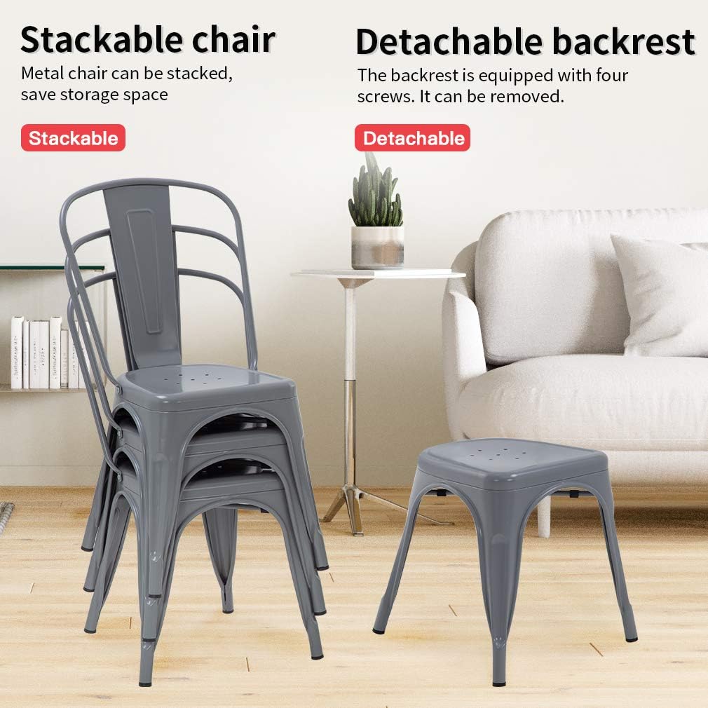 FDW | Metal Dining Chairs | Set of 4, Black | 330lbs Load | Stackable Tolix Side Chairs with Backrest | Non-Slip Feet | Indoor/Outdoor Use | Ideal for Kitchen & Restaurants