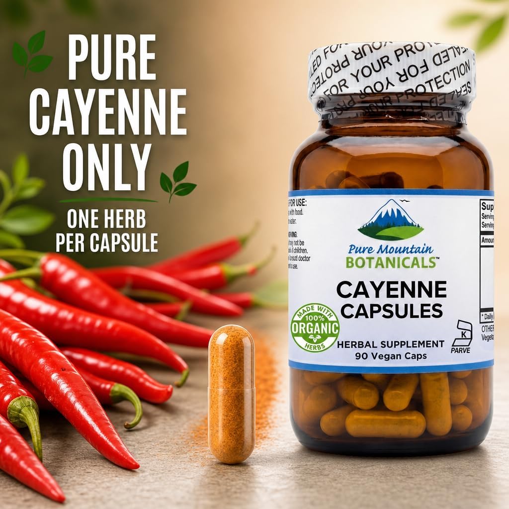 Pure Mountain Botanicals Cayenne Pepper Capsules - 500mg Organic, 90 Ct | Vegan, Kosher Certified, Gluten-Free, Capsaicin 40000-60000 HU