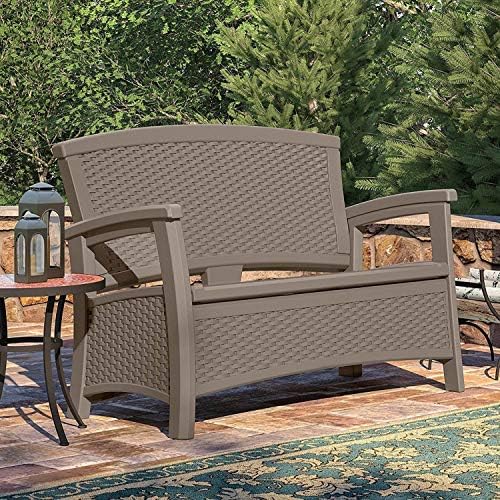 Suncast Outdoor Wicker Love Seat with 23-Gallon Storage, Comfortable Seating for Two, Ergonomic Back Support, All-Weather Furniture for Patio, Deck, and Garden, Java, Made in the USA