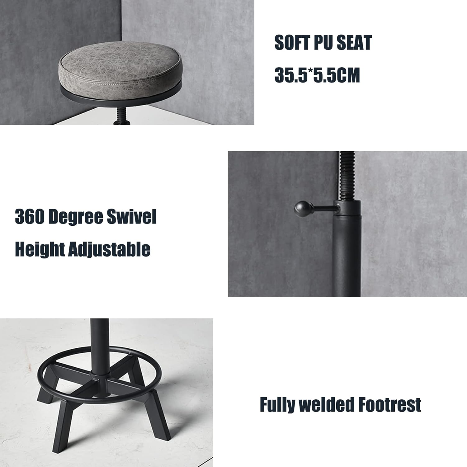 Set of 2 Industrial Bar Stools Short Stool Swivel Wooden Seat Kitchen Island Chairs Counter Height Adjustable 15.2-21inch