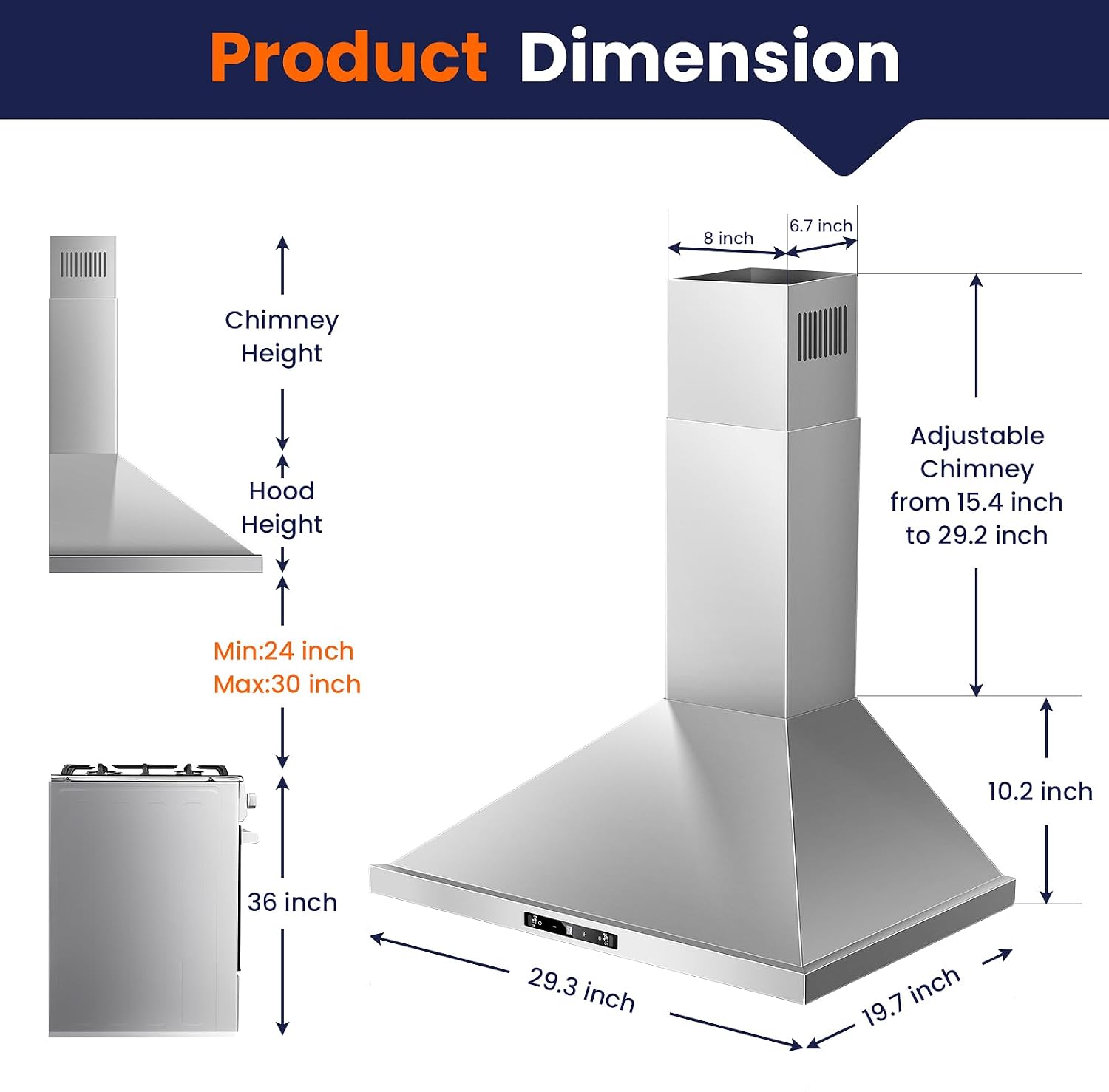 Tieasy Wall Mount Range Hood 30 inch Kitchen Hood 700 CFM with Ducted/Ductless Convertible Duct, Touch Control, Permanent Filters, Stainless Steel