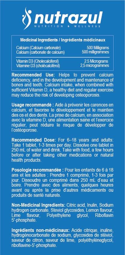 Nutrazul Calcium + Vitamin D3 Effervescent Tablets, for Bone Health Maintenance, 500 mg Calcium and 2.5 mcg Vitamin D3