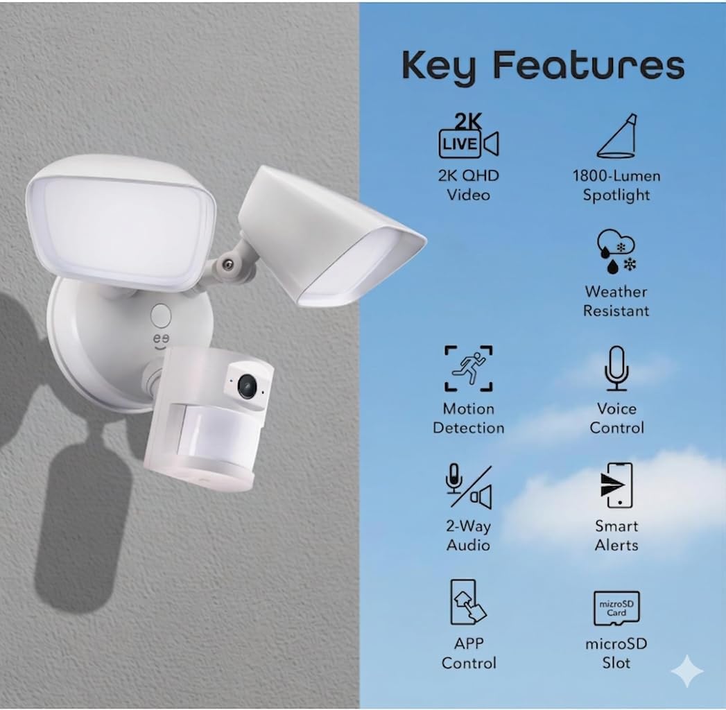 Geeni Lighthawk Smart Floodlight Camera, 3MP Ultra-HD Video, 1800 Lumens | Motion-activated light, two-way audio, built-in siren, hardwired outdoor