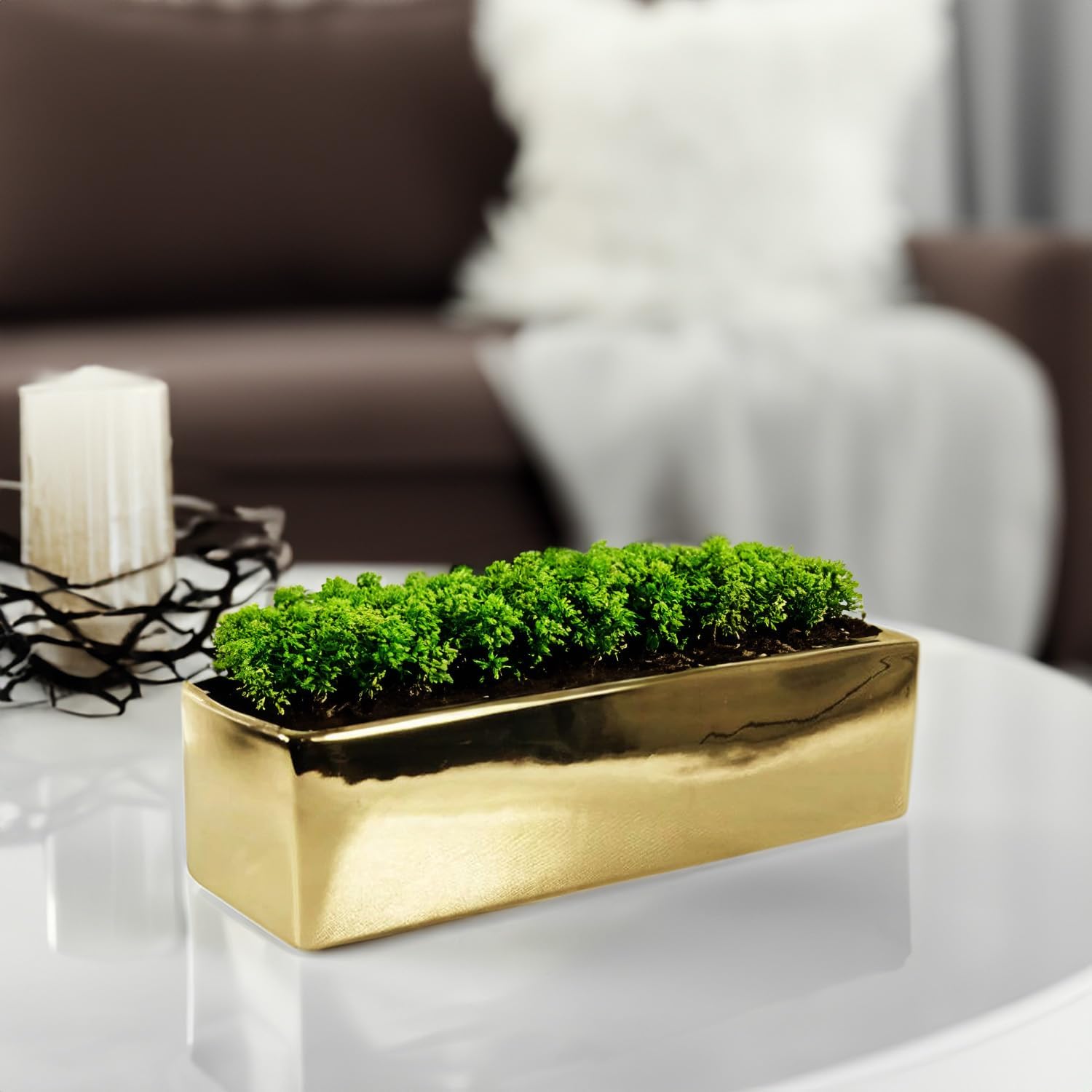 WGVI Long Rectangle Ceramic Planter Vase in White 14" x 4" x 4"H, Rectangular Box Block Terrarium Pot, Flower Arrangement, Tabletop Centerpiece