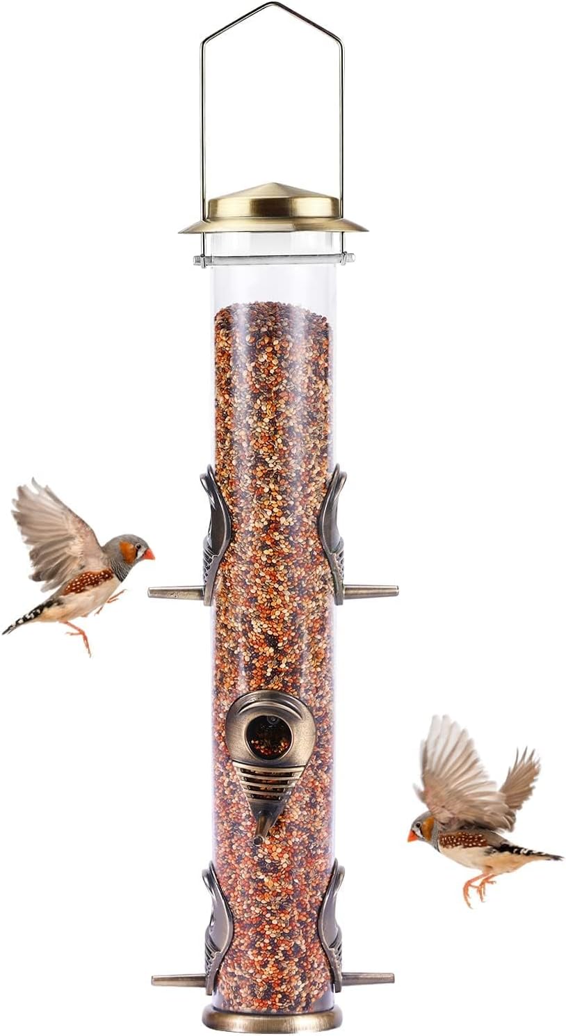 MIXXIDEA 1PK Metal Bird Feeders with 6 Feeding Ports, Tube Bird Feeder with Steel Hanger, Hard Plastic Wild Bird Feeder for Outdoors Hanging