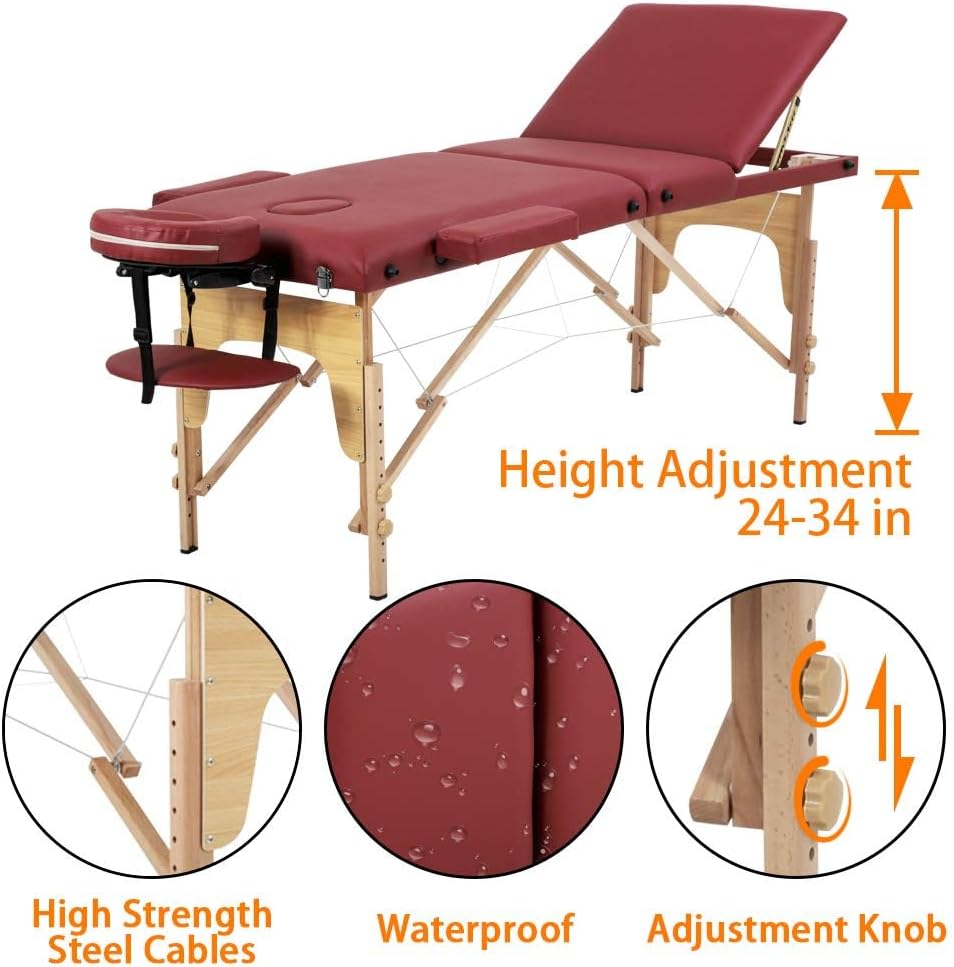 BestMassage | Portable Massage Table | 24" Wide, Black PU Leather | Lightweight, 2-Fold Massage Table with Height Adjustment, 450lbs Capacity, Carry Bag | For Massage, Facial, Tattoo, Home, Spa