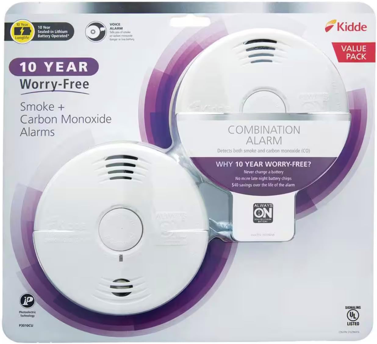 Kidde Worry-Free 10 Year Battery Combination Smoke and CO Alarm with Voice (2-Pa