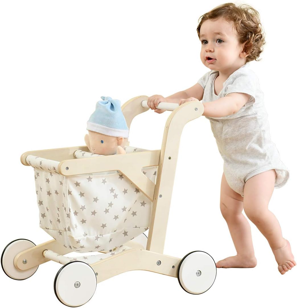 labebe Baby Push Walker, Wooden Shopping Cart with Doll Seat for Toddlers