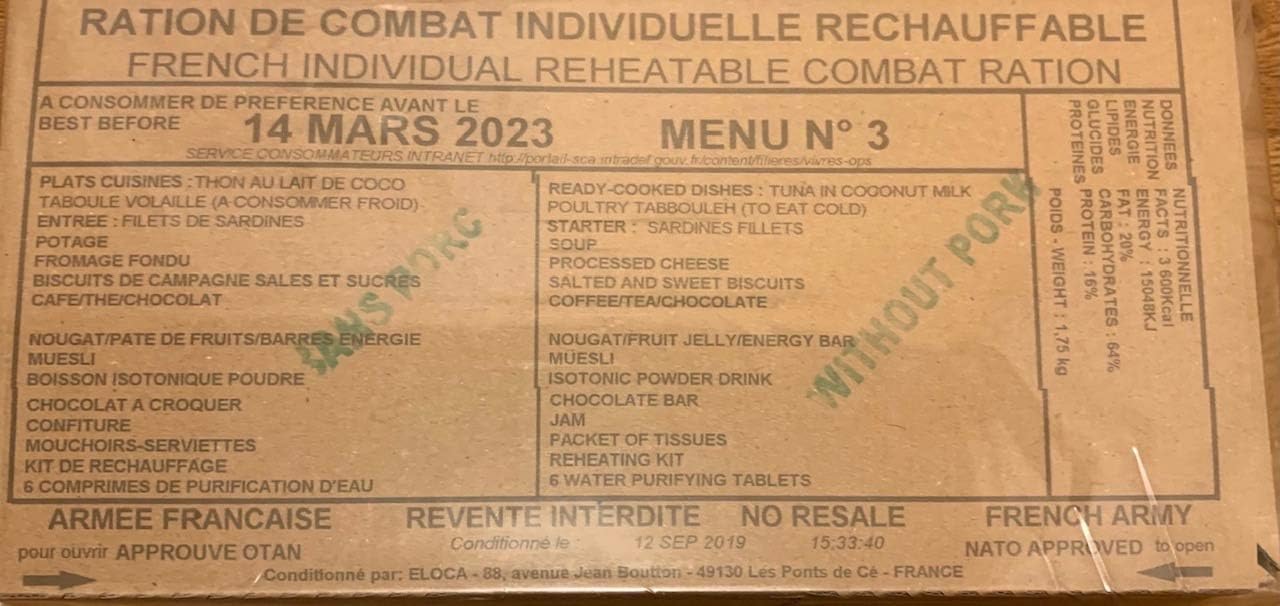 French Military Combat 24 hr Ration RCIR foreign MRE EPA FSR IRP IMP MCW[Menu 4]