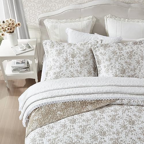 Laura Ashley - Queen Quilt Set, Soft Cotton Bedding with Matching Shams, Reversible Floral Toile Design, Floral Room Decor