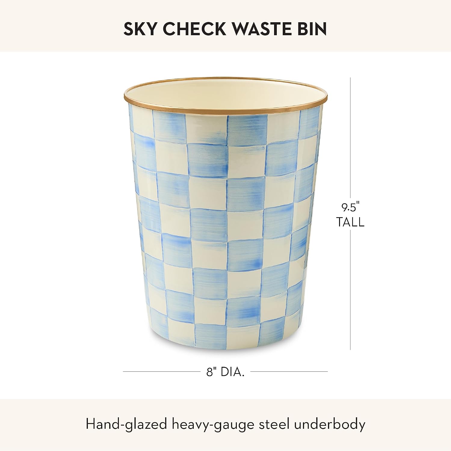 MACKENZIE-CHILDS Waste Bin, Black-and-White Courtly Check | Hand-painted design, made from enameled steel, decorative bedroom or bathroom trash can, 8" dia. x 9.5" H