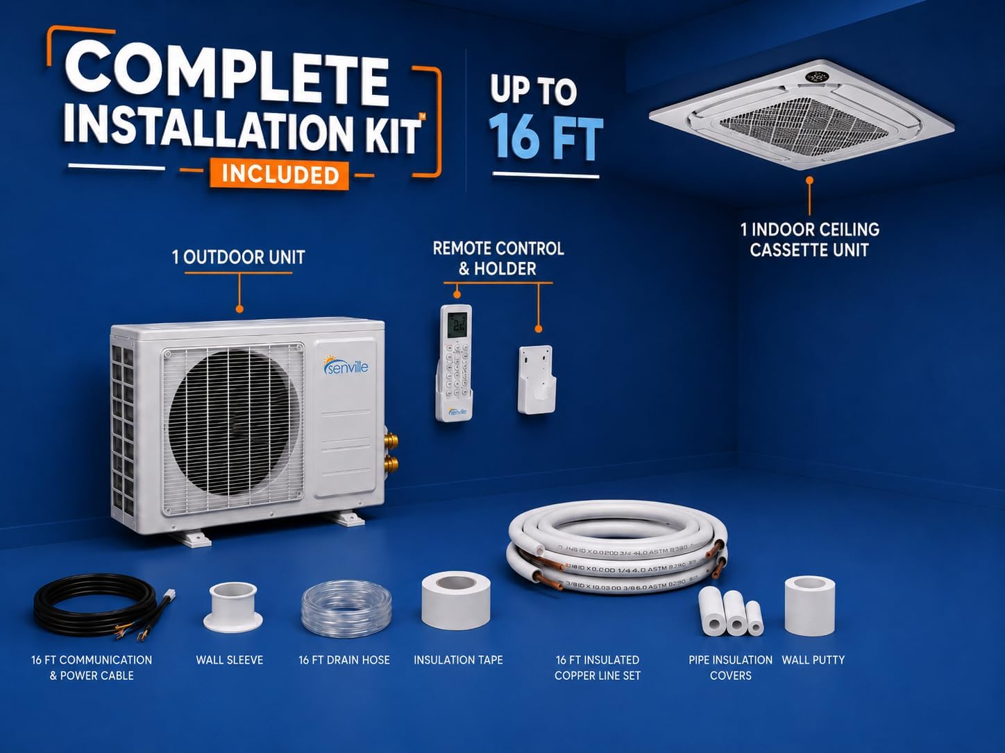 Senville Ceiling Cassette Mini Split AC/Heating System, Inverter, 18000 BTU | 208/230V, Energy Star Certified, AHRI Certified, 16ft Line Set Included, Heat Pump