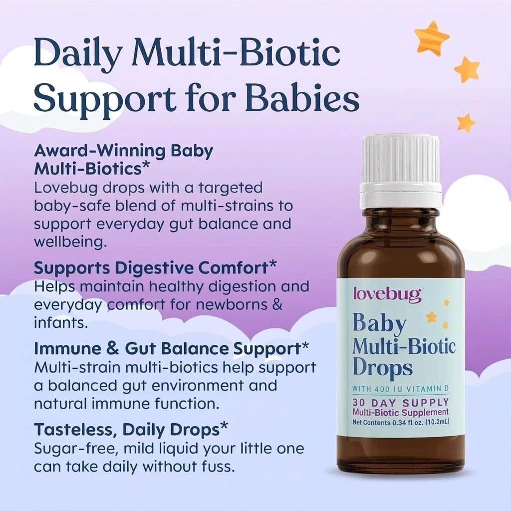 LOVEBUG Baby Probiotic Drops - Organic Probiotics for Immune Support and Baby Constipation & Colic Relief - Tasteless & Sugar-Free Liquid Drops for