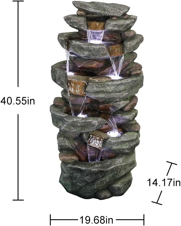 PeterIvan Outdoor Relaxing Waterfall - 6-Tier Fountain with 6 LED Lights, Stone-Liking Resin for Patio, Garden, House&Office (40.6in, Grey)