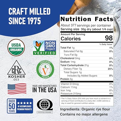 Great River Milling Organic Dark Rye Flour, Whole Grain, 25 lb