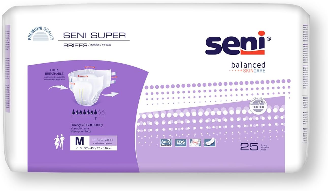 Seni Super Unisex Adult Incontinence Briefs with Tabs, 45-59 in, 75 ct | Breathable, Disposable Brief for Men & Women