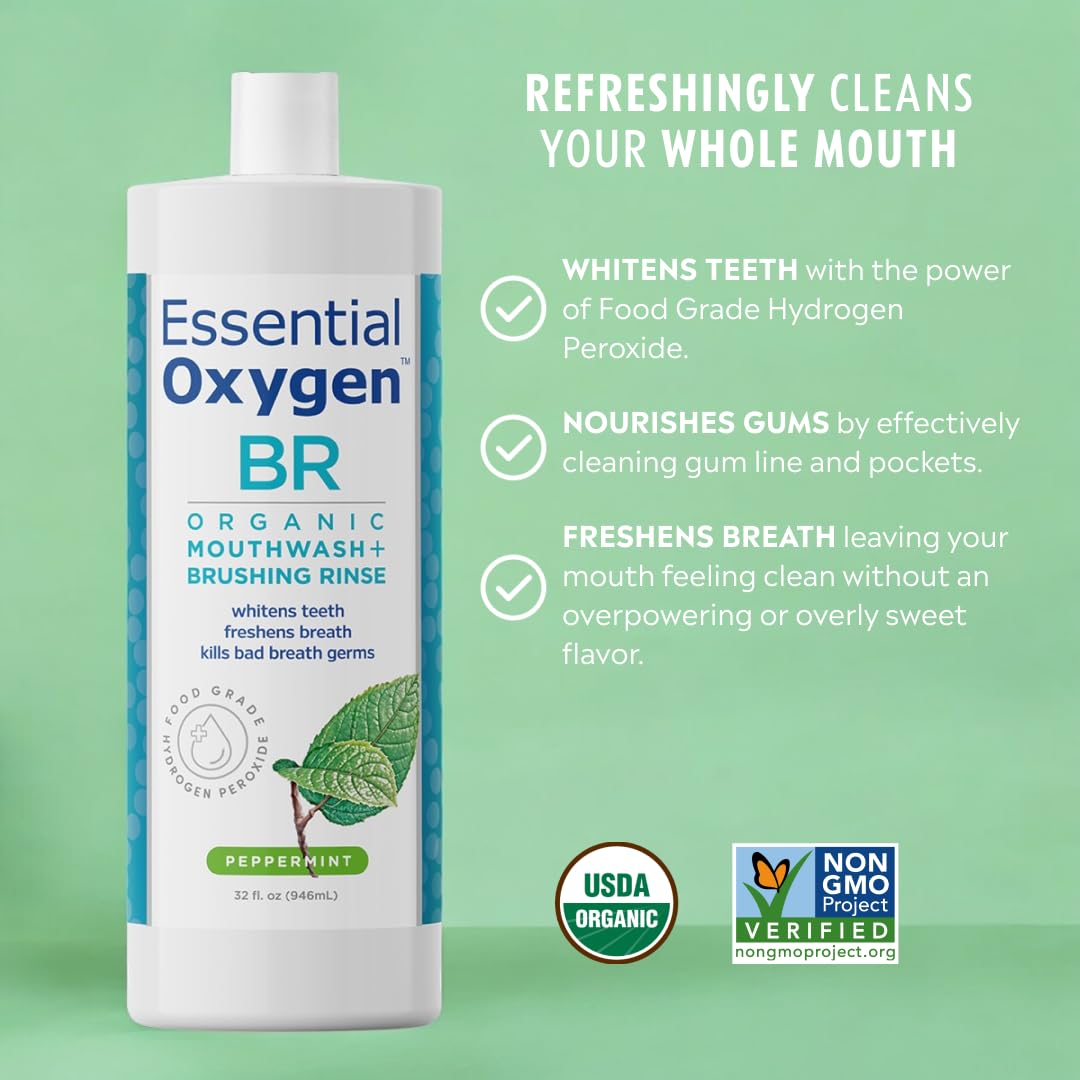 Essential Oxygen Certified BR Organic Brushing Rinse, All Natural Mouthwash for Whiter Teeth, Fresher Breath, and Happier Gums, Alcohol-Free Oral Care, Peppermint, 16 Ounce, Package may vary