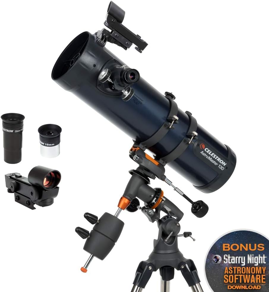 Celestron AstroMaster 130EQ Newtonian Telescope - Fully-Coated Glass Optics - Bonus Astronomy Software & Accessory Kit