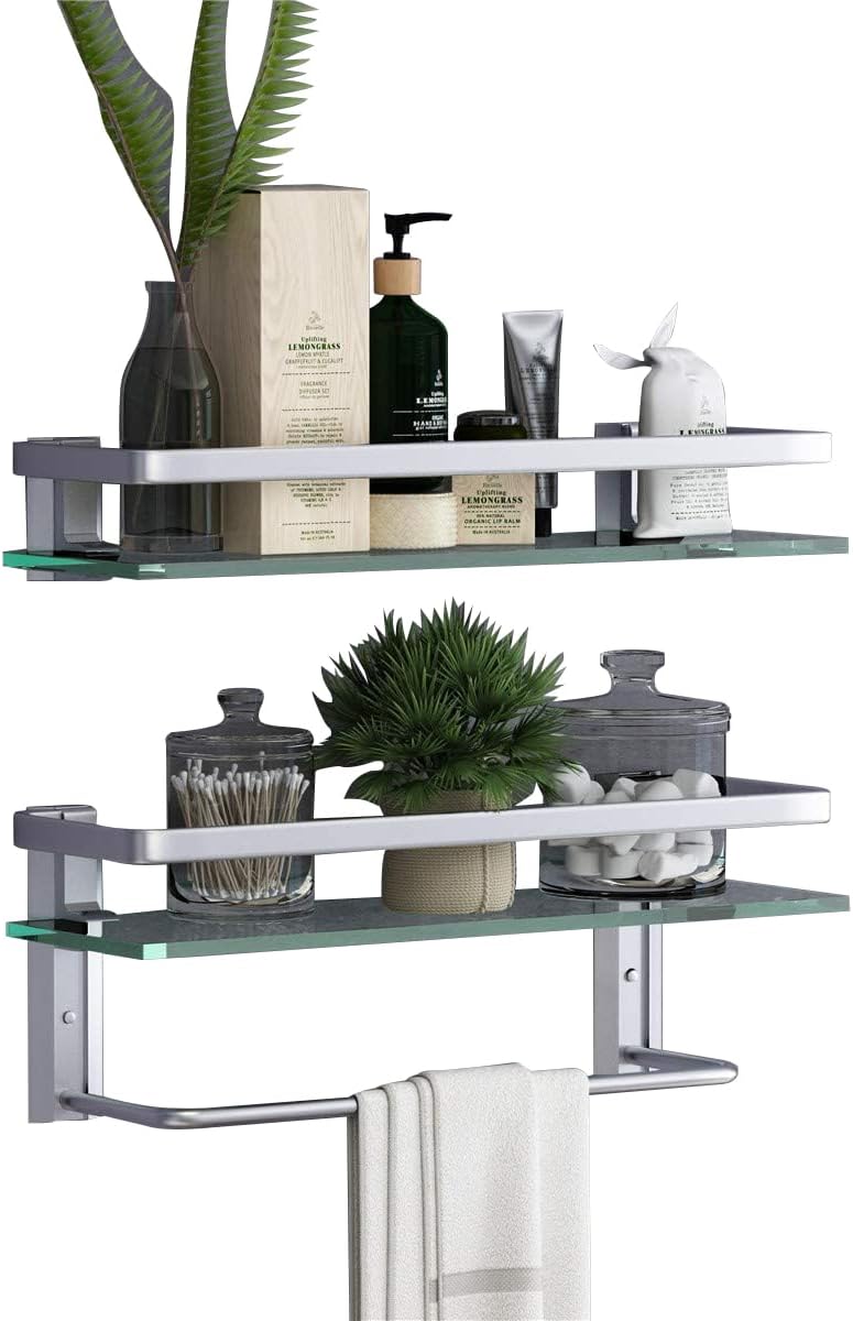 VOLPONE Bathroom Wall Shelf 15.7in Bathroom Glass Shelves Wall Mount Glass Shelf Rustproof Bathroom Wall Organizer 3 Tier (Sliver)