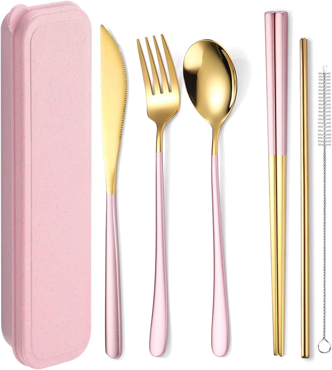 AARAINBOW 6 Pieces 18/8 Stainless Steel Flatware Set Portable Reusable Cutlery Set Travel Utensils Set Including Chopsticks Knife Fork Spoon Straws