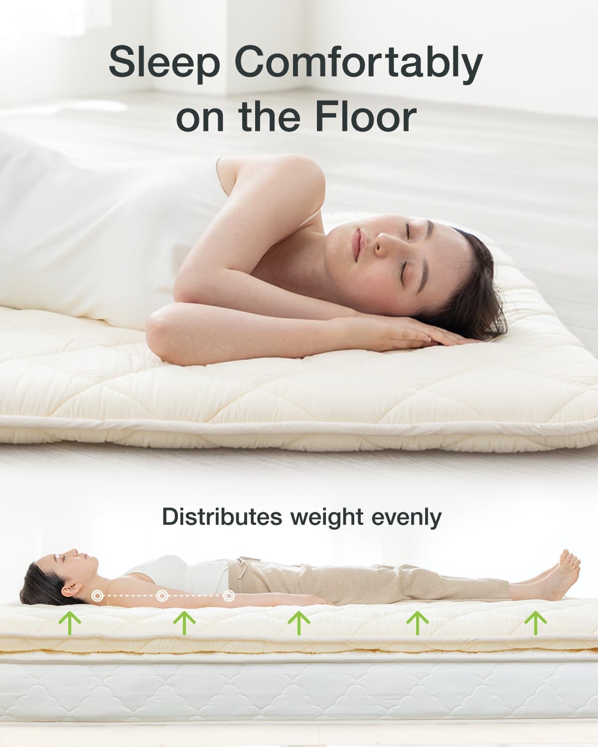 FULI Japanese Futon, Twin XL Size, White - Foldable Shikibuton Floor Bed | Medium Firm Quilted Cotton Sleeping Pad, Portable Roll-Up Japanese Floor Bed for Guests & Small Spaces, 100% cotton surface
