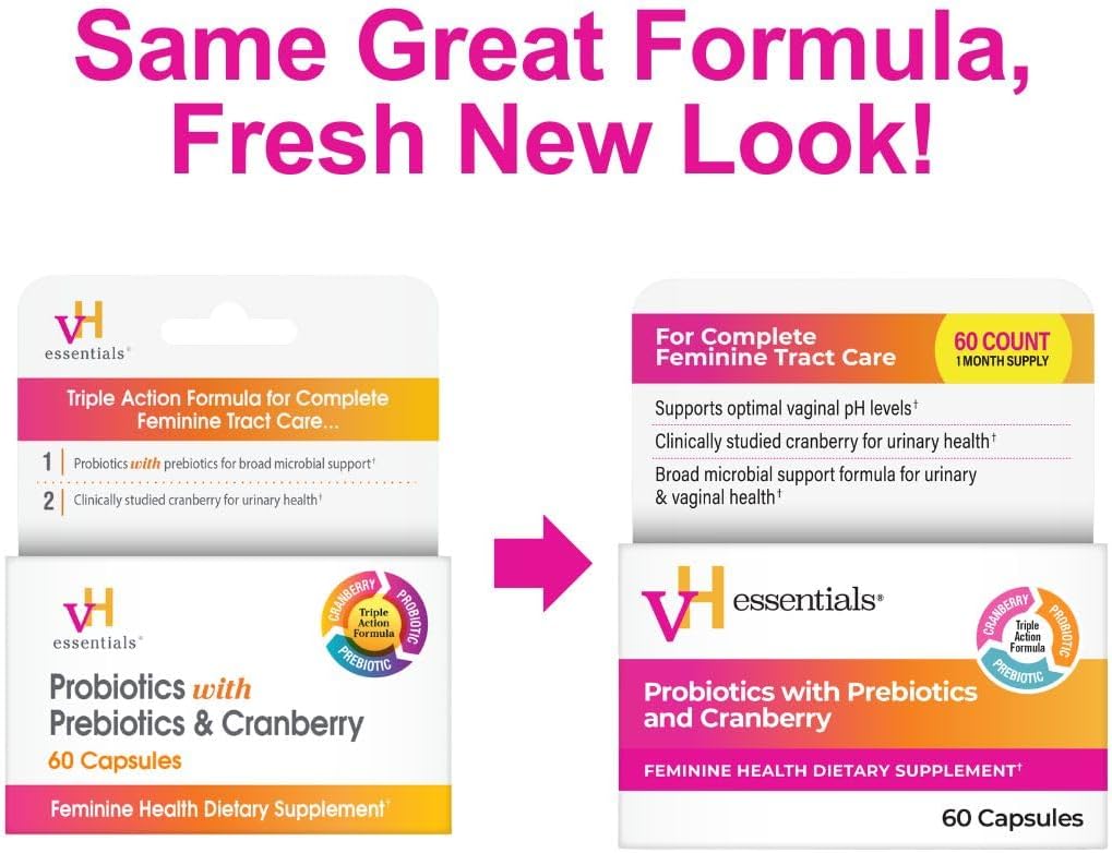 vH essentials Probiotics for Women with Prebiotics and Cranberry, 60 Ct | Feminine Health Dietary Supplement, Probiotics Support Gut Balance, Urinary Tract Health for Women, 30 Day Supply