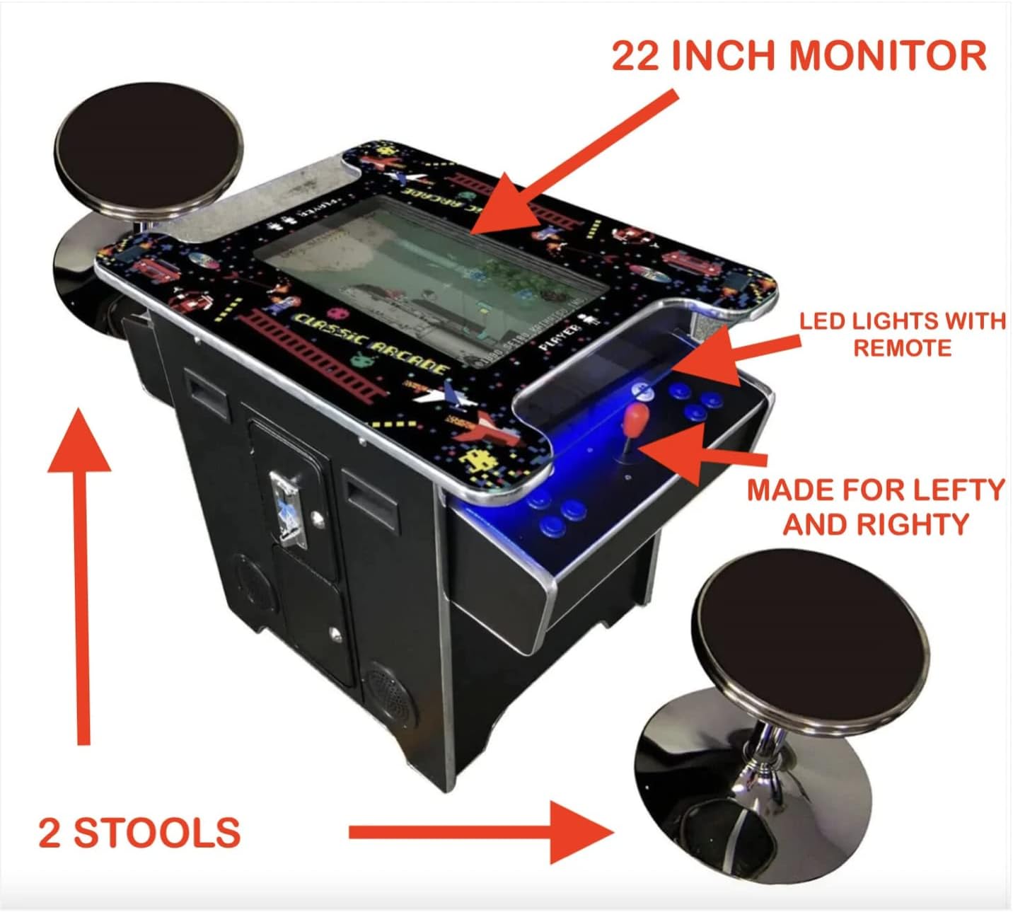 Full Size Commercial Grade Cocktail Arcade Machine 2 Player Retro 60 Games 22" LCD Screen Tempered Glass 2 Stools Included 5 Year Warranty Black