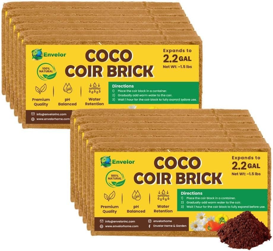 Envelor Organic Coco Coir Brick 10 Lbs. Coir Block Coconut Fiber Growing Medium Potting Soil Mix Coco Peat Media Coir Pith Indoor Outdoor Planters Vegetable Garden Beds
