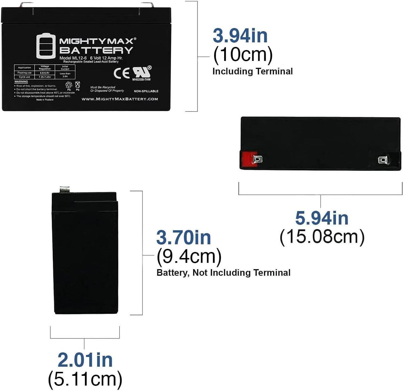 Mighty Max Battery ML12-6F2-6 Volt 12 AH, F2 Terminal, Rechargeable SLA AGM Battery