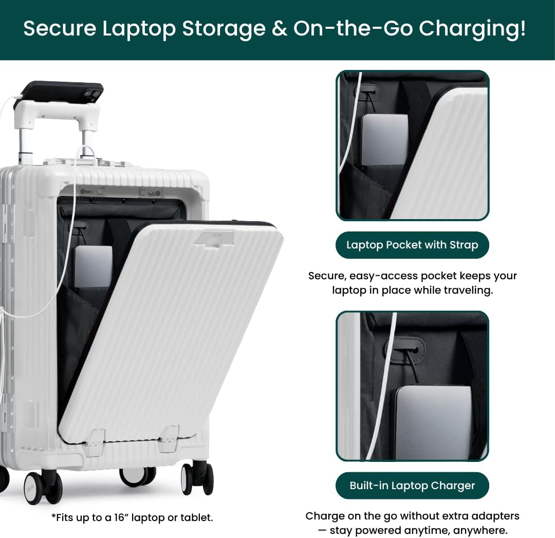 Nobl Travel Carry on Luggage, Zipperless Aluminum Frame, TSA Locks | PC Hard Shell Suitcase, Airline Approved, 360° Spinner Wheels, USB Charging Port, Cup & Phone Holder, 22.5x15x9.5, Ivory