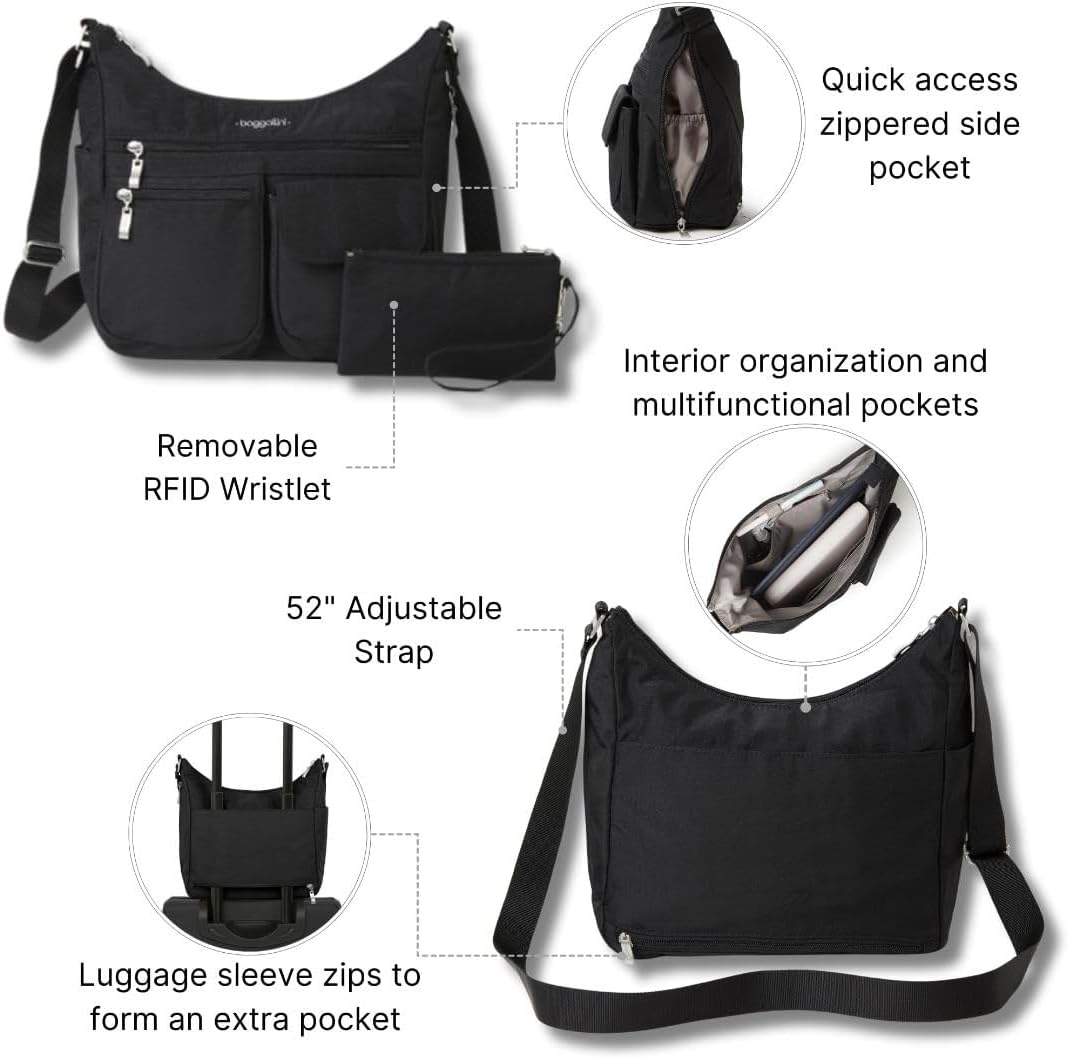 Baggallini womens Everywhere Bagg Crossbody Women 11x9 Lightweight Nylon Hobo Water-resistant Travel Bag W/Rfid