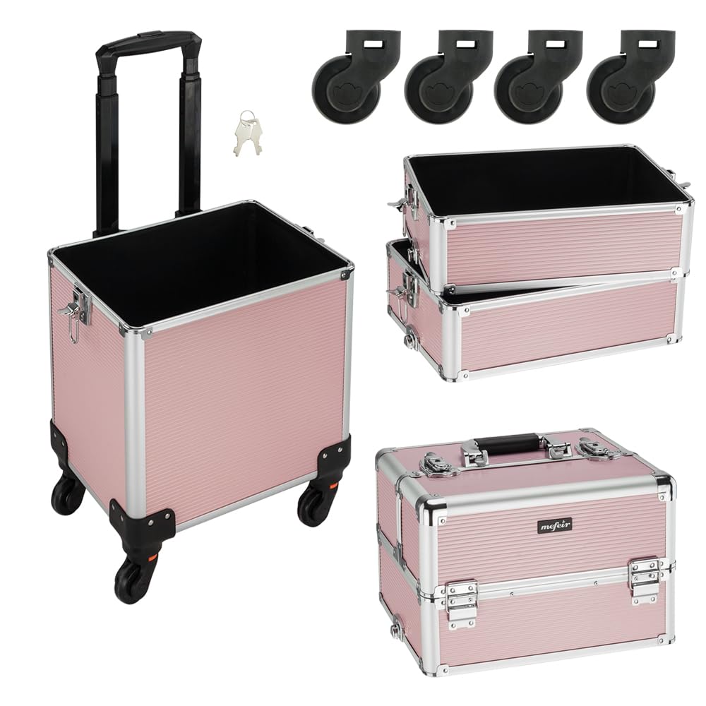 mefeir 4 in 1 Rolling Makeup Train Case, Aluminum Makeup Travel Organizer Cosmetic Case, Cosmetology Display Suitcase on Wheels, Beauty Storage Luggage Lockable w/4 Removable Wheels (Black)
