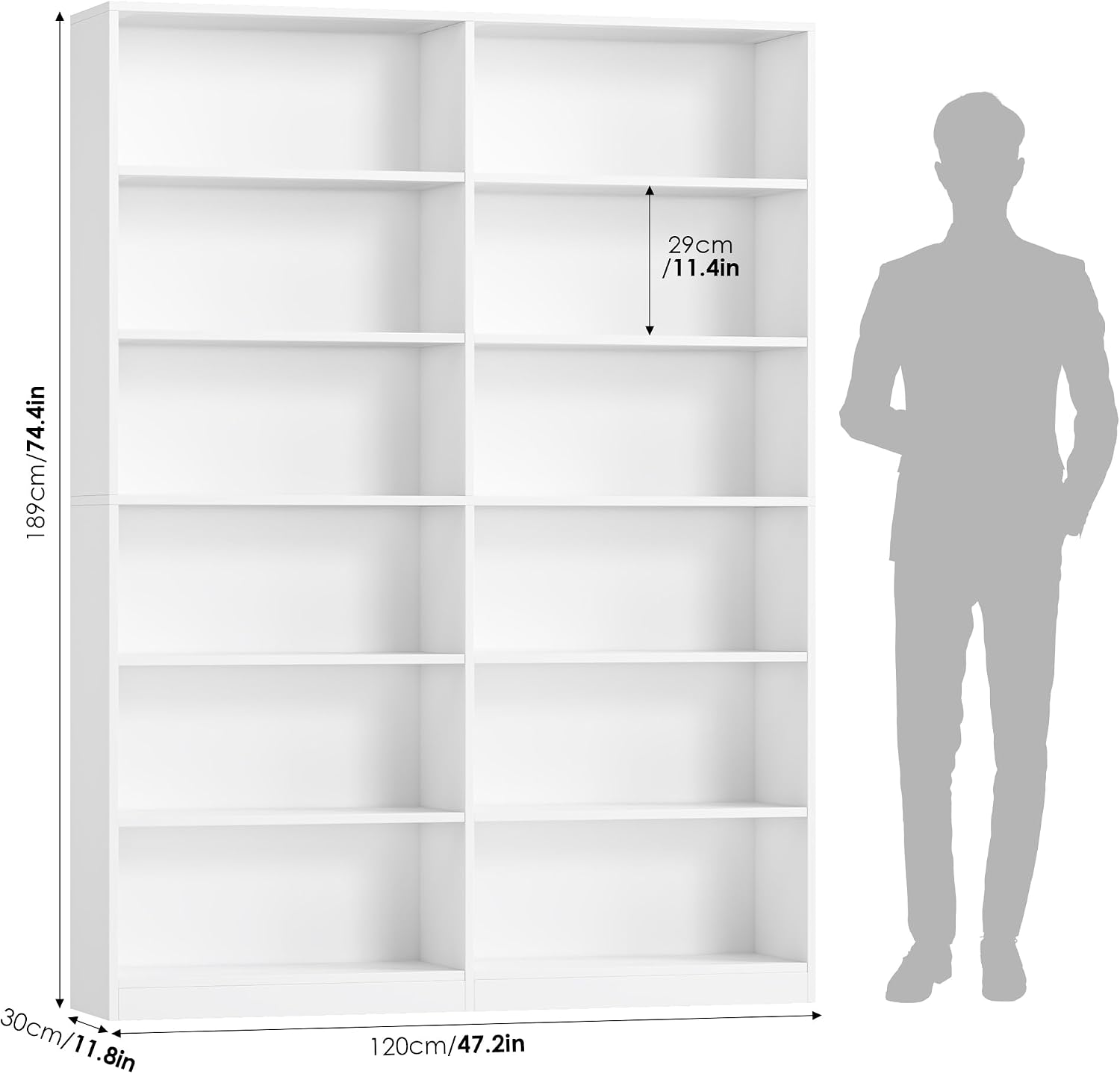 Bookshelf Tall Bookcase, 6-Tier Double Wide Bookshelves, White | Freestanding Display Storage Shelves, Tall and Large Book Shelves for Home Decor Bedroom, Living Room, Home Office, Library