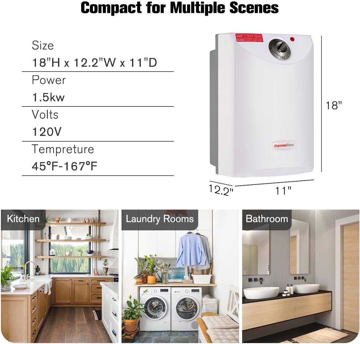 Thermoflow Electric Mini Tank Water Heater, 4.0 Gallon 120V Corded Under Sink Small Hot Water Heater for Point of Use Instant Hot Water