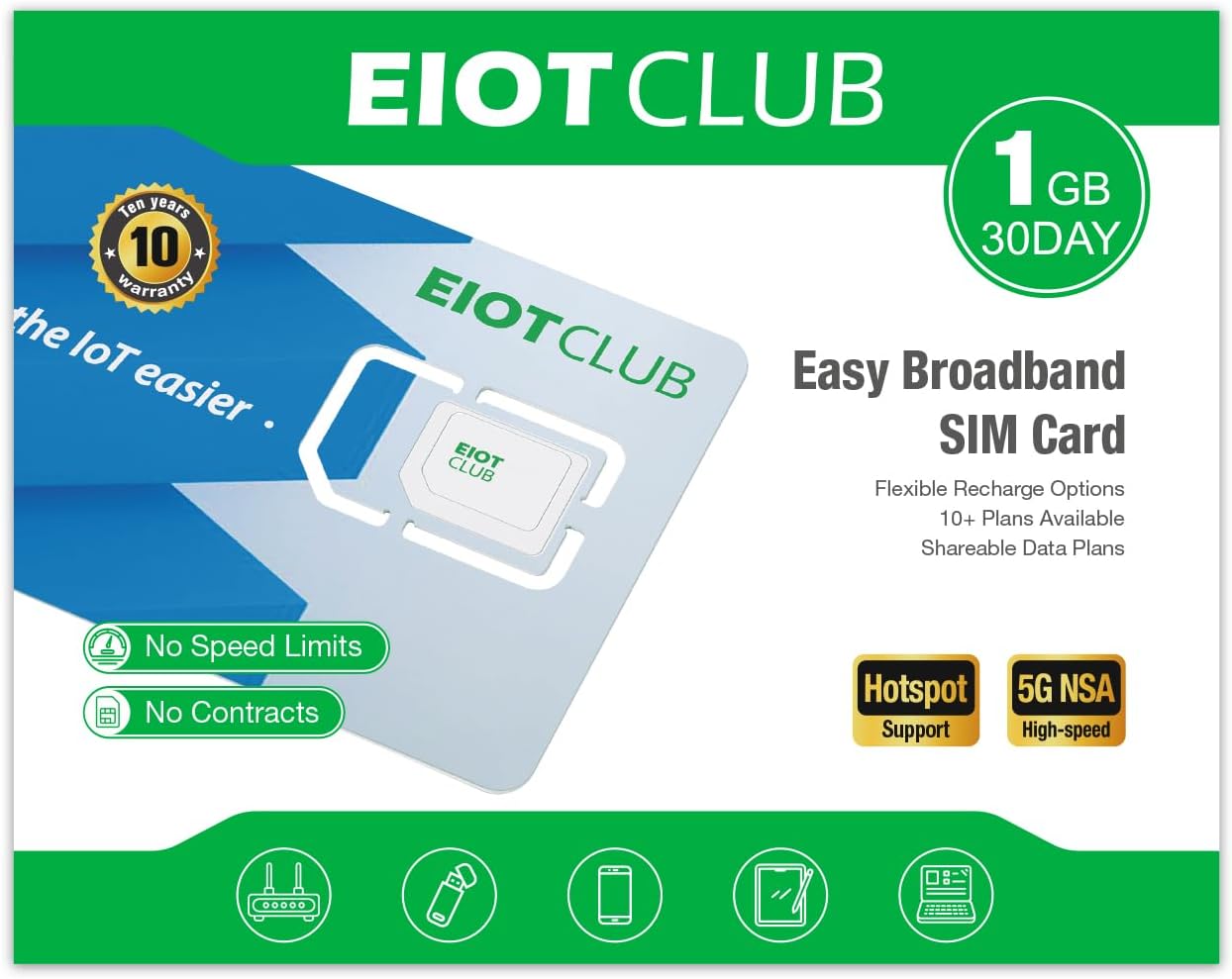 EIOTCLUB Data Only SIM Card for Mobile Hotspots, Routers, Tablets & Laptops | 5G/4G LTE Network in USA Coverage, 1GB 30Day, No Contract
