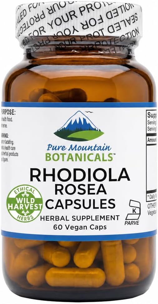 Pure Mountain Botanicals Rhodiola Rosea Supplement - 60 Capsules 250mg - Root Extract Standardized 3% Rosavins 1% Salidroside - Vegan Kosher Gluten