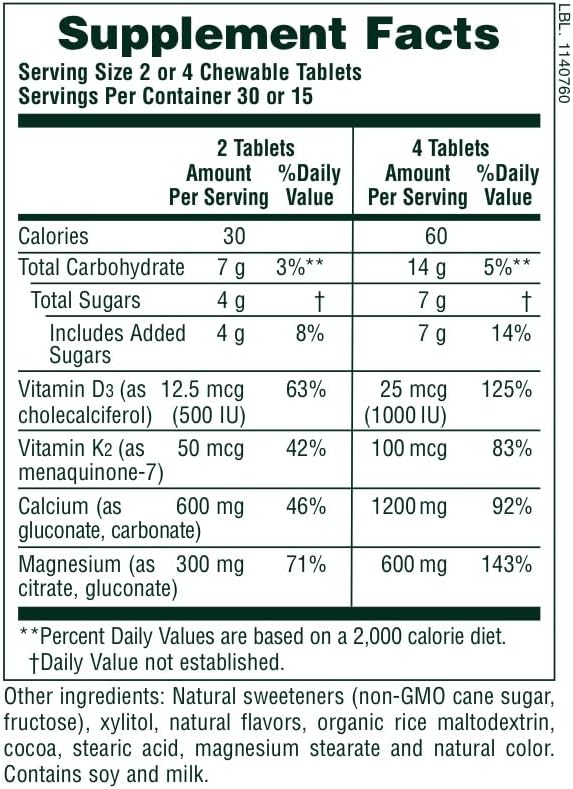 NaturesPlus Calcium/Magnesium/Vitamin D3 with Vitamin K2 - 60 Chewable Tablets - Supports Bone & Immune Health - Vanilla Flavor - Gluten Free - Up to 30 Servings