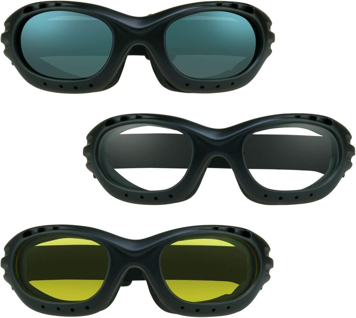 Bikershades Motorcycle Safety Riding Goggles Men Women. Polarized Lens, Smoke, Mirrored Blue or Orange, Clear Yellow Lenses