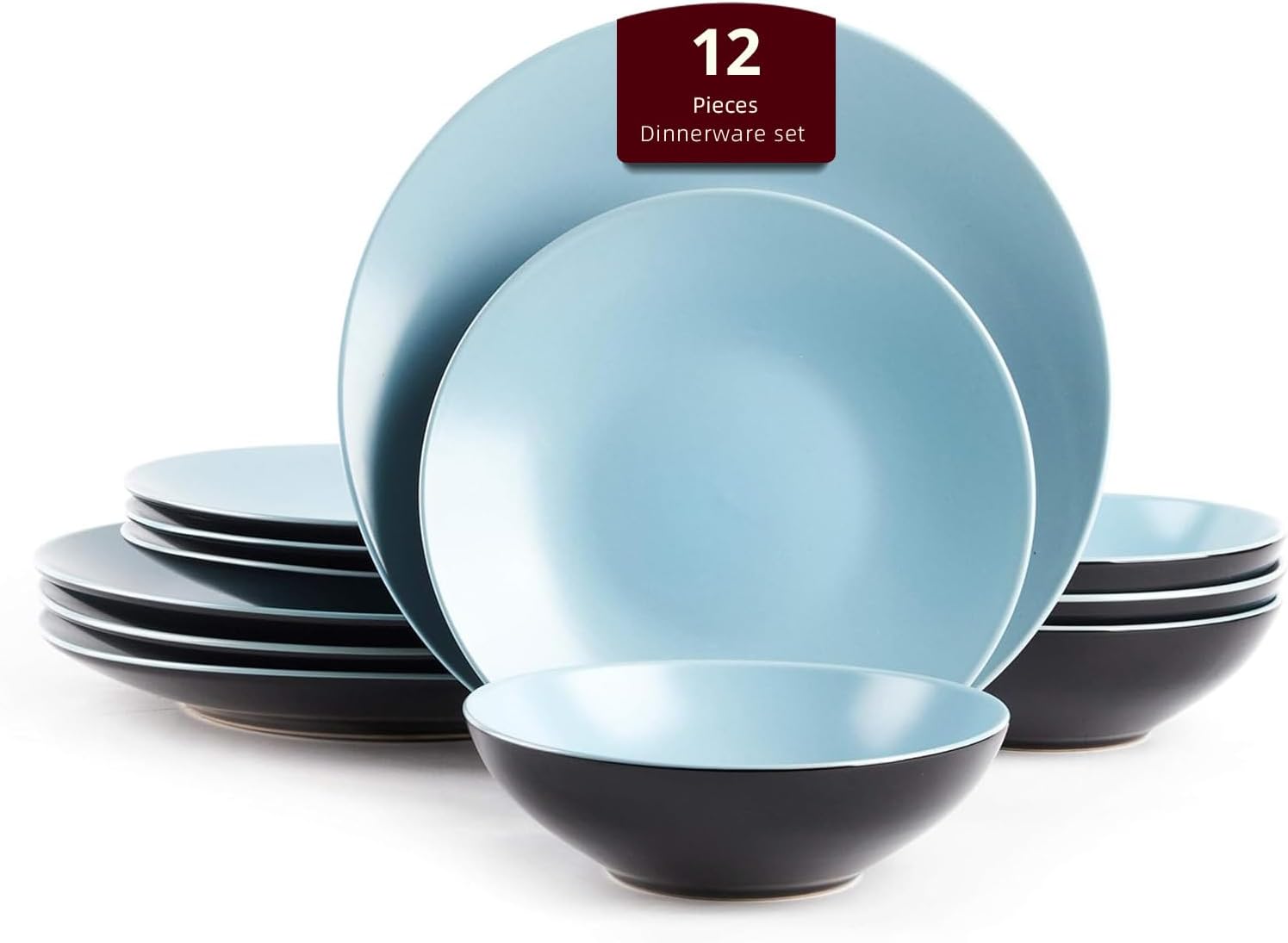 Stoneware Two-Tone Colors Life 16pc Dinner Set，Outside Shiny Black + Inside Matte Glaze Olive