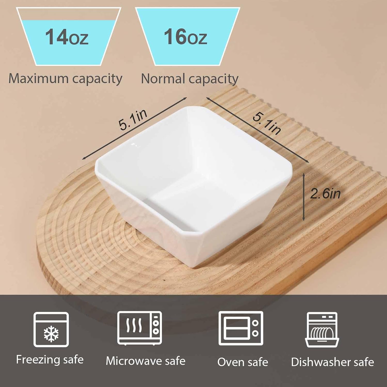 Samsle Porcelain Cereal Bowls, 16 oz Square Serving Bowls Set, 5 Inch White Ceramic Bowls for Salad, Soup, Snack, Dessert and Marmalade