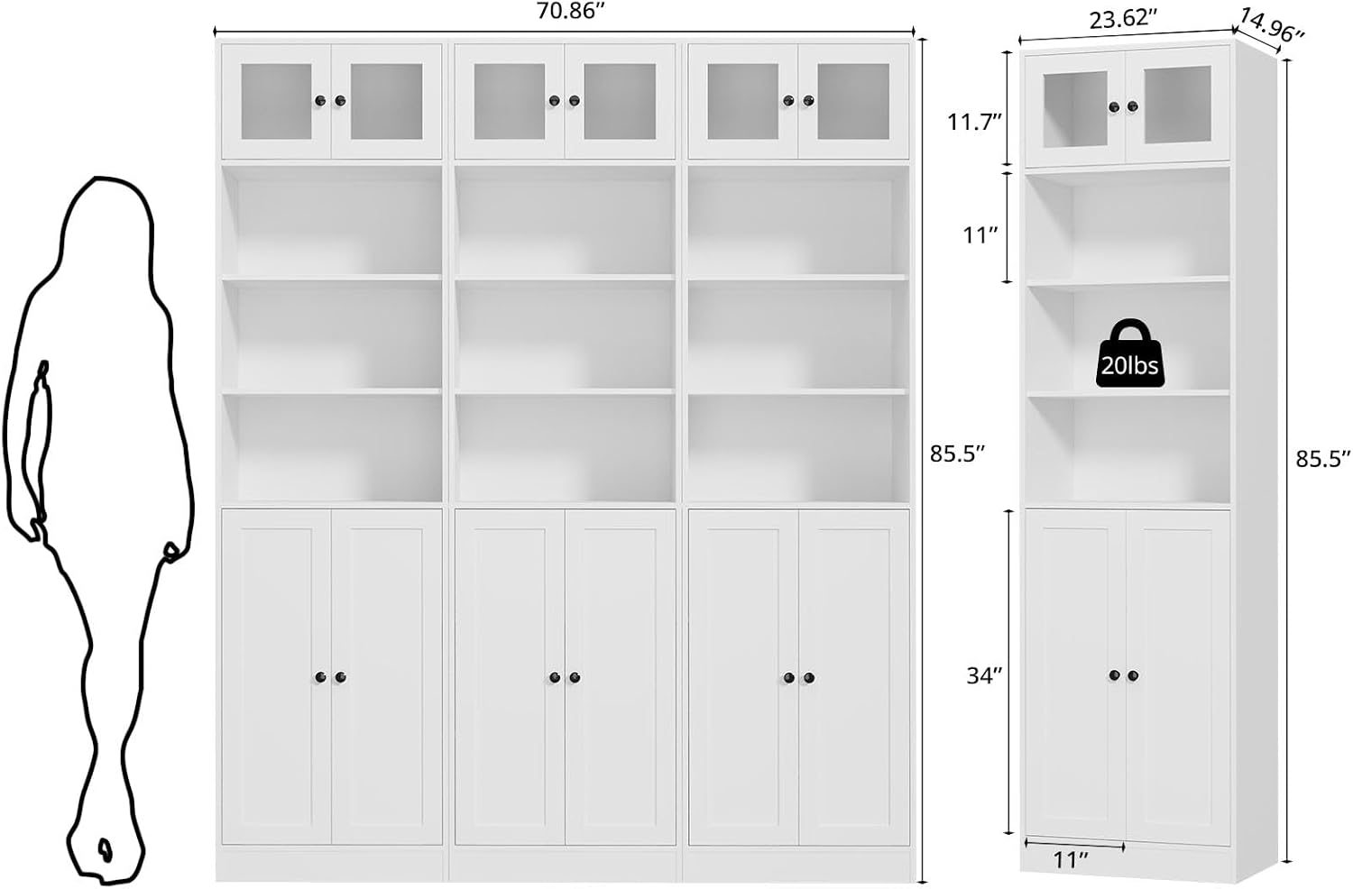 TUSY 85.5 Inch Tall Bookshelf with Doors - 7 Tier Bookcase with Glass Doors and Drawer, 23.6" Wide Storage Cabinet with Open Shelves for Living Room, White Book Shelf for Home Office, Study (AAAA)