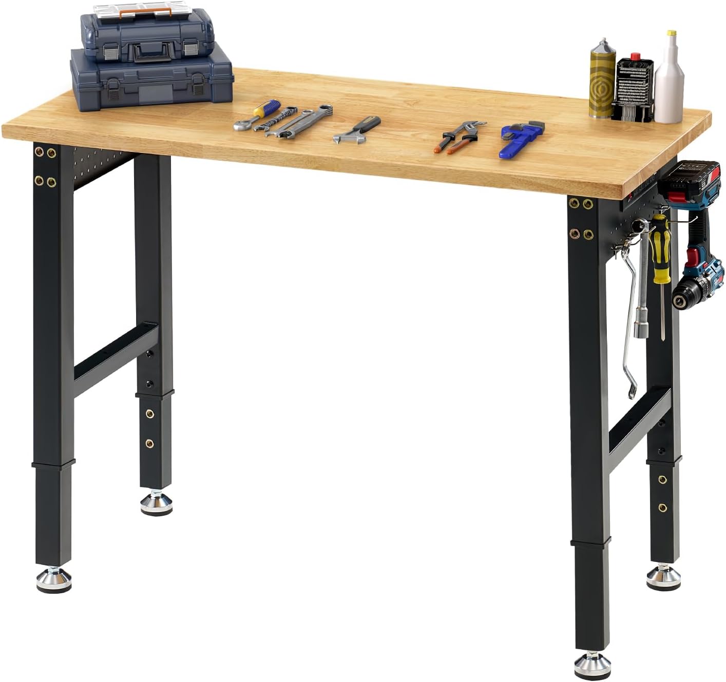 SPECRAFT Adjustable Black Heavy-Duty Workbench | 2000 Lbs Capacity, Rubber Wood Top, 4 AC Outlets and 2 USB Ports, for Garage, Workshop and Office
