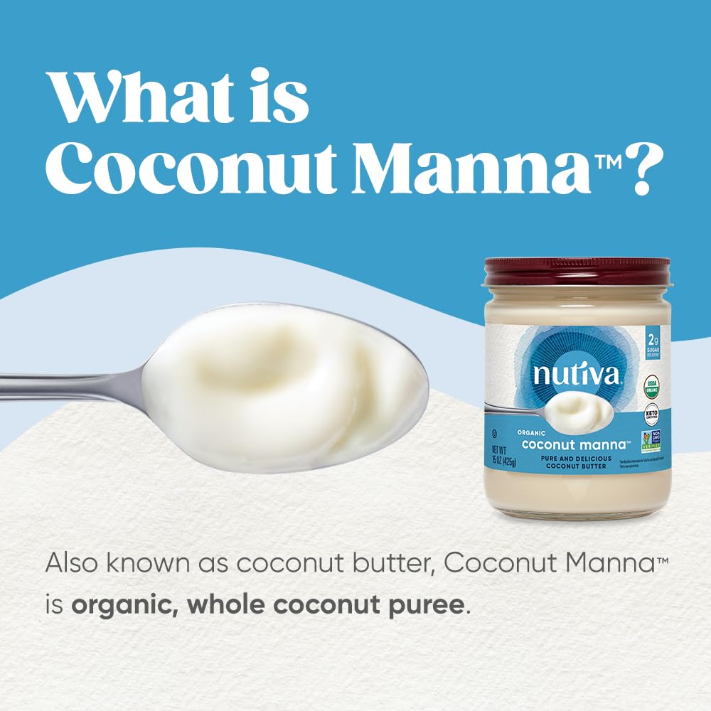 Nutiva Organic Coconut Manna Puréed Coconut Butter, 15 Oz, USDA Organic, Non-GMO, Vegan, Gluten-Free & Keto, Creamy Spread for Smoothies, Oatmeal
