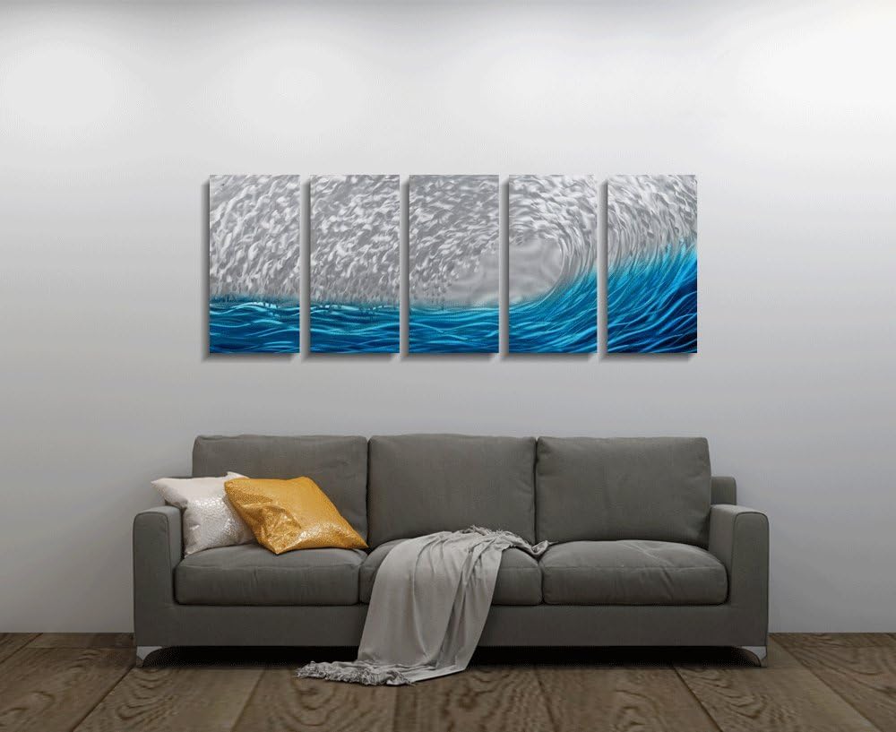 Yihui Arts Handcrafted 3D Metal Wall Art - Ocean Wave Sculpture, 5 - Panel Aluminum Decor for Living Room, Bedroom & Office