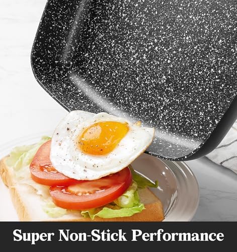 KOCH SYSTEME CS 9.5 Inch Nonstick Grill Pan for Stove Tops, Marble Coating Square Grill Skillet with Lid, Fry Pan Compatible with all Stoves