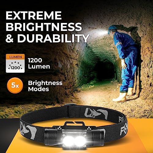 Foxelli Ultra Bright Rechargeable Headlamp – IPX7 Waterproof, 1200 Lumen LED Light for Work & Outdoors