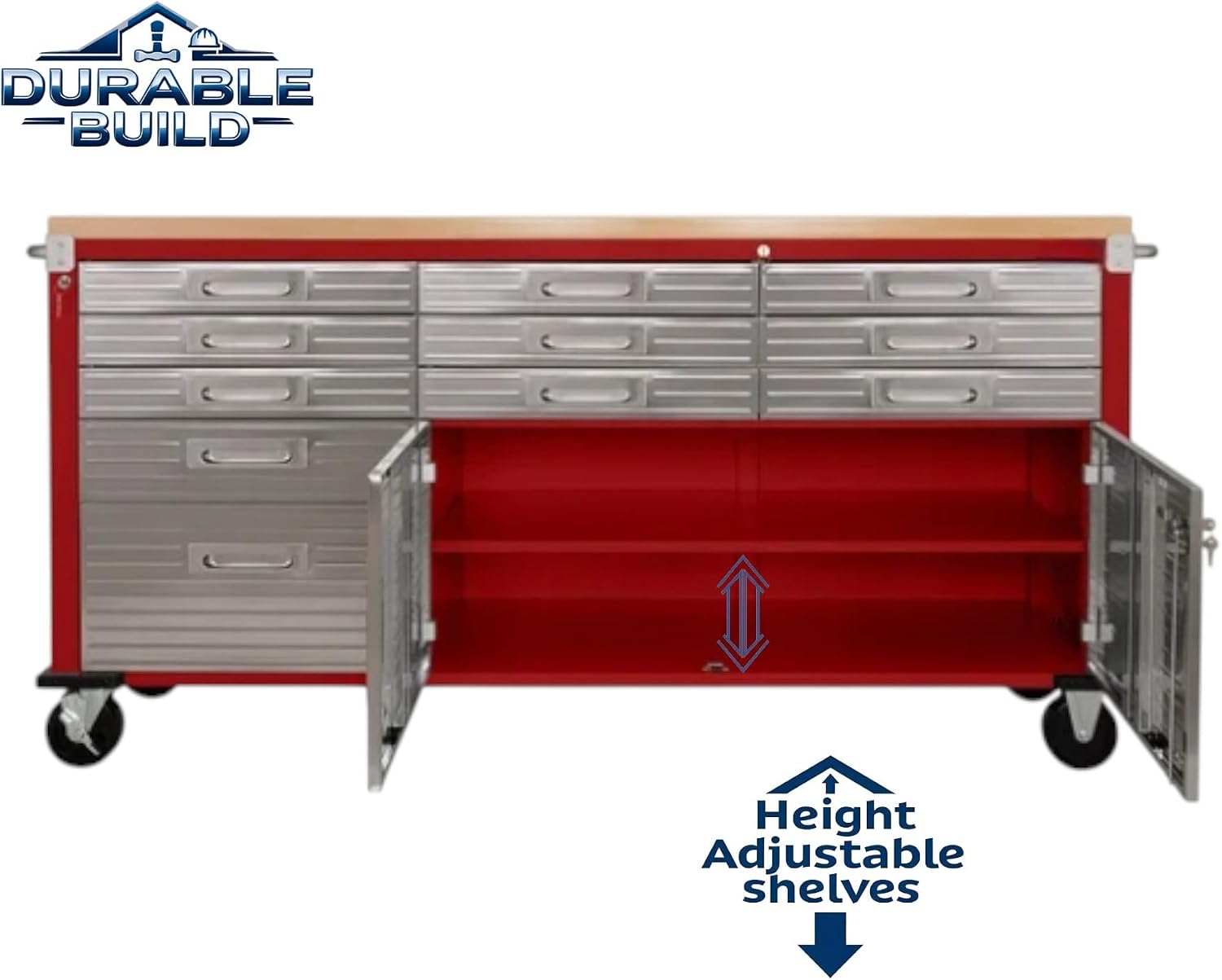 Heavy-Duty Rolling Workbench with Drawers and Cabinet, 77" W x 20" D x 37.5" H, (Red, 11 Drawer)