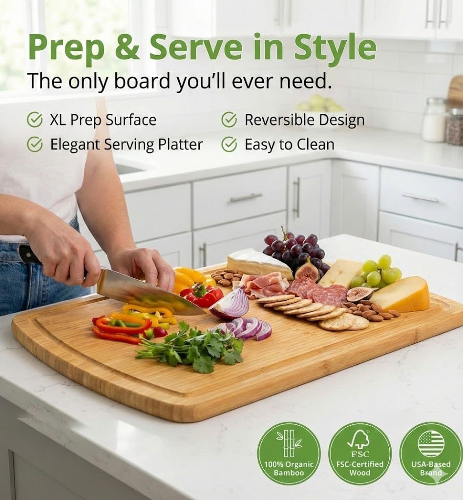 INDESTRUCTABLE Bamboo Cutting Board (Extra Large) with Vertical Grain Strength Technology - Non Toxic, Spacious and Lightweight 18" XL Chopping Board Gift - Replacements for Life