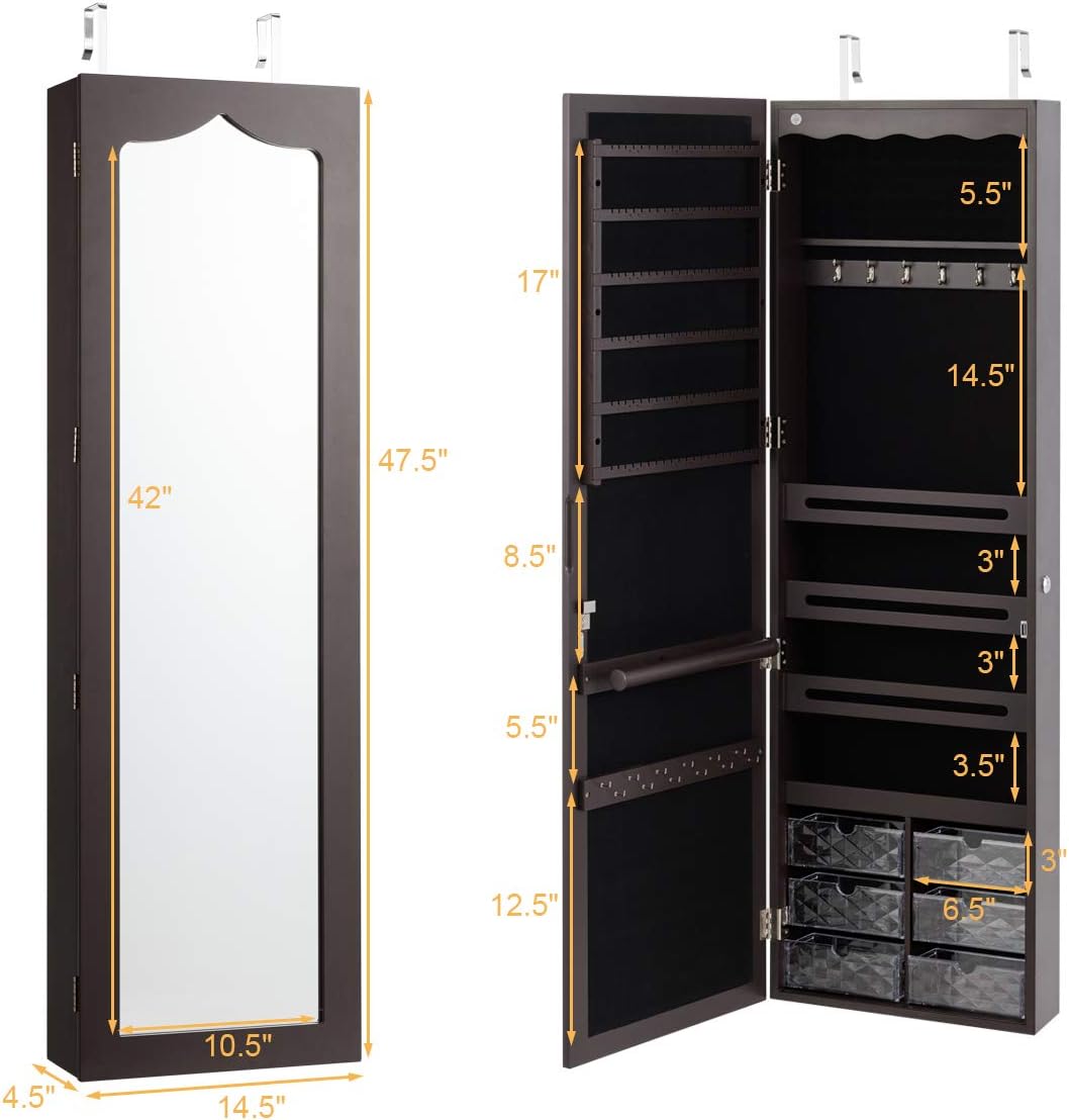 CHARMAID Jewelry Cabinet Armoire, Wall Mount Door Hanging, Lockable Jewelry Organizer with 47.5'' Full Length Mirror, 5 Lights